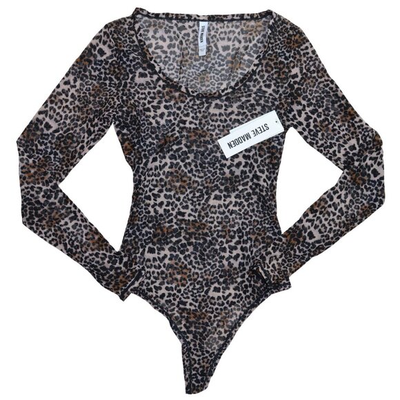 Steve Madden Sheer Mesh Long Sleeve Women's Thong Bodysuit NWT Cheetah - Picture 1 of 1